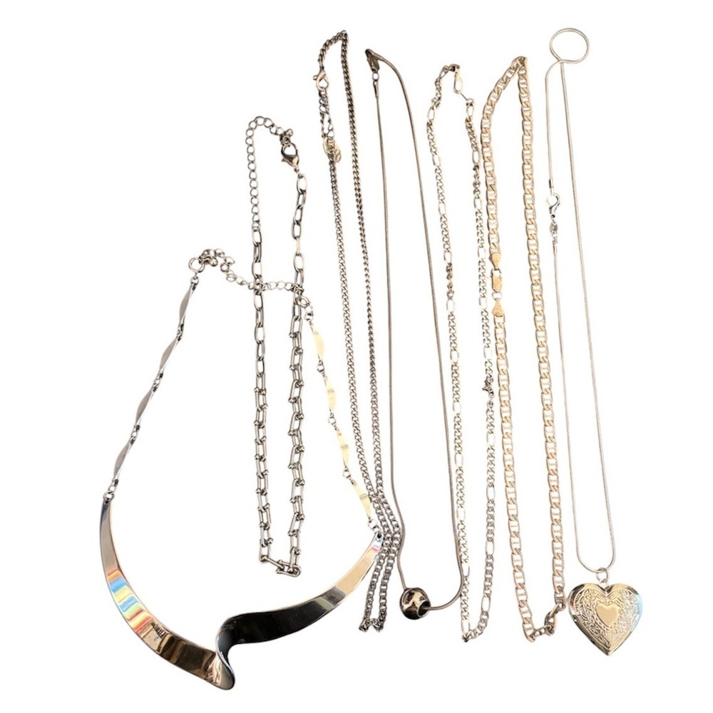 Silver Tone Fashion Necklace Lot Heart Locket Figaro Paperclip Chain Set 7pc
